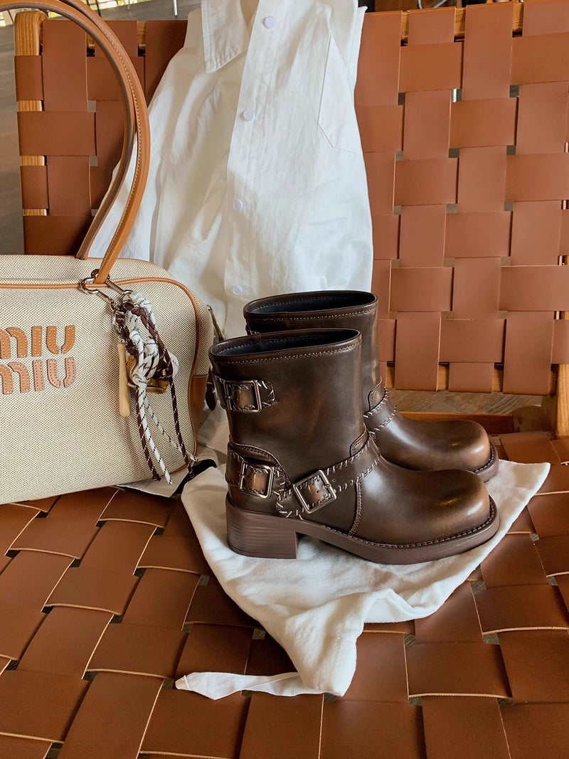 Cowhide Version~ Vintage Distressed Short Boots Genuine Leather Western Cowboy Boots Riding Martin Boots With Leather Buckle And Chunky Heel - Image 1